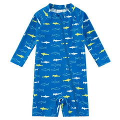 Baby Boy Swimwear UPF 50+ Full-zip Sunsuit -Sapphire Blue Shark