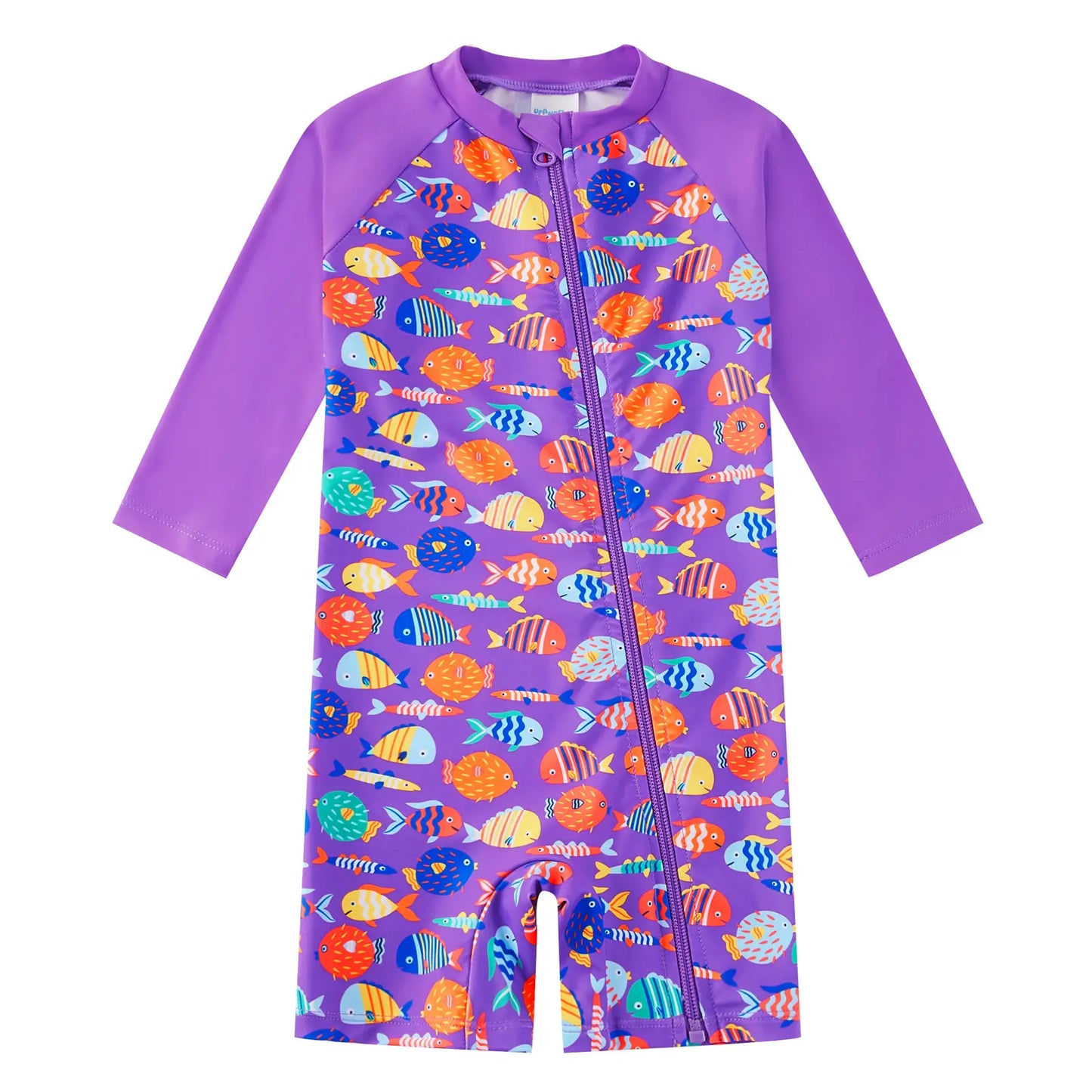Baby Girls One Piece Swimsuit with upf 50+ & Full Zipper|Purple Colorful Fish