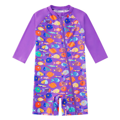 Baby Girls One Piece Swimsuit with upf 50+ & Full Zipper|Purple Colorful Fish