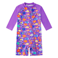 Baby Girls One Piece Swimsuit with upf 50+ & Full Zipper|Purple Colorful Fish