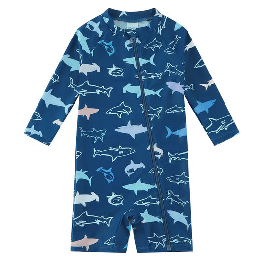 Toddler Boy Full Zipper Swimsuit UPF 50+ Sunsuit-Prussian Blue Shark