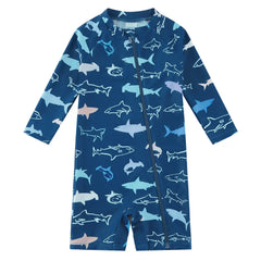 Toddler Boy Full Zipper Swimsuit UPF 50+ Sunsuit-Prussian Blue Shark