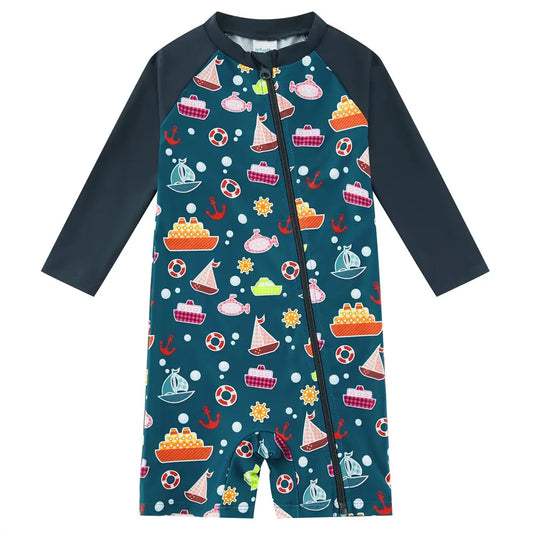 UPF 50+ Baby Boy Sunsuit Infant Full Zipper Swimsuit-Navy Boat