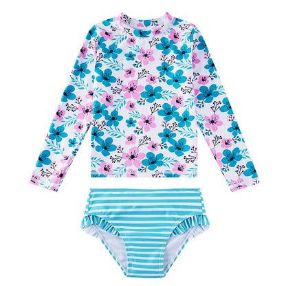 UPF 50+ Sun Protection Girl Rash Guard Set 2 Pieces-Green Flower