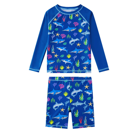 2 Piece Boy Rash Guard Set UPF 50+ Toddler Swimsuit-Blue Shark