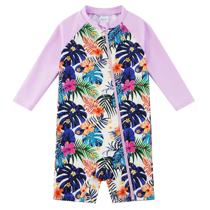 UPF 50+ Baby Girl Swimsuit Full Zipper Sunsuit-Purple Leaves