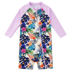 UPF 50+ Baby Girl Swimsuit Full Zipper Sunsuit-Purple Leaves