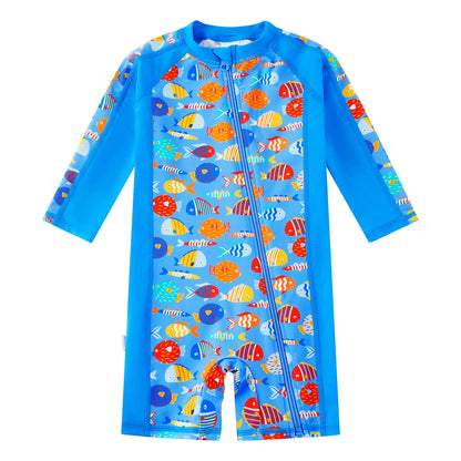 UPF 50+ Baby Boy One-piece Swimsuit with Full Zipper | Blue Colorful Fish