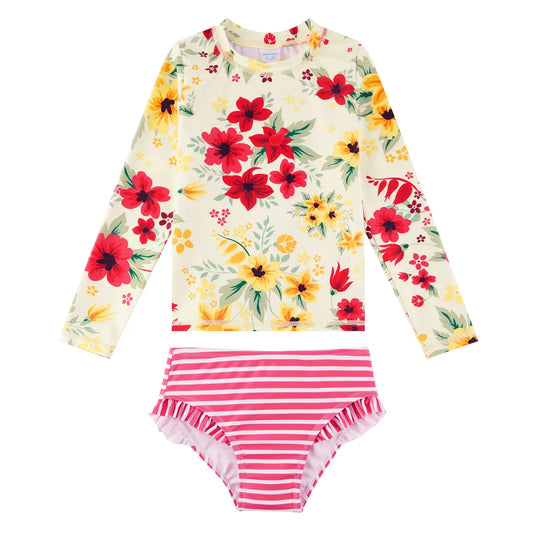 2-Piece Girls Rash Guard Set with Bikini Bottom-Beige Flower