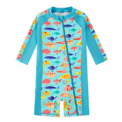 Baby Boy One Piece Swimwear with UPF 50+ Full Zipper-Green Many Fish