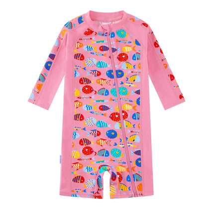 Baby Girls One Piece Swimsuit with Full Zipper UPF 50+ | Pink Tropical Fish