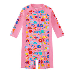 Baby Girls One Piece Swimsuit with Full Zipper UPF 50+ | Pink Tropical Fish