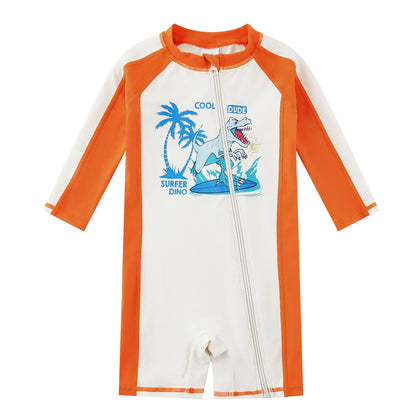 Baby Boy One Piece Sunsuit with UPF 50+ | Beige Dinosaur