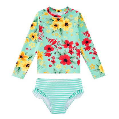 Girl Rash Guard Swimsuit 2 Pieces UPF 50+ Sunsuit-Green Flower
