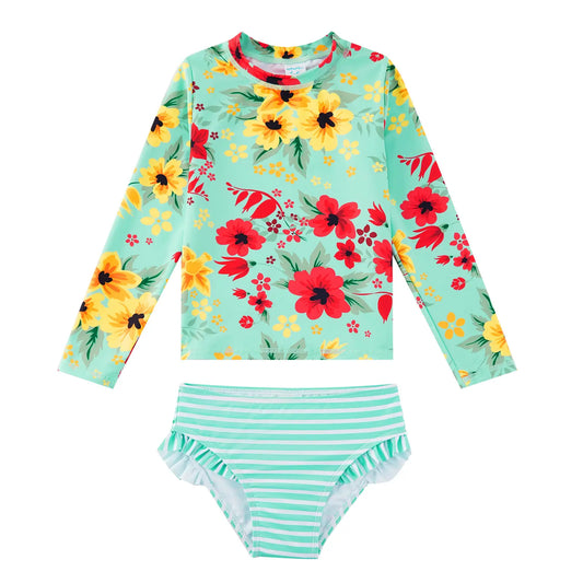 Girl Rash Guard Swimsuit 2 Pieces UPF 50+ Sunsuit-Green Flower
