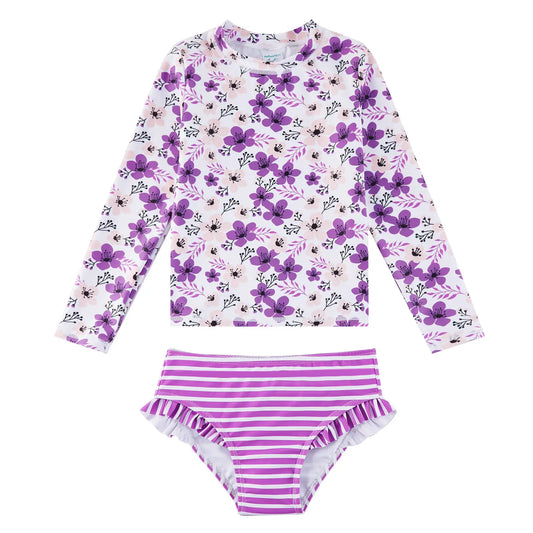 2 Pieces UPF 50+ Girl Rash Guard Set with Bikini Bottom-Purple Flower