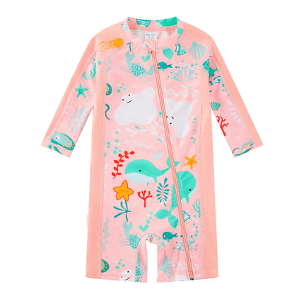UPF 50+ Baby Girl One-Piece Long Sleeve Swimsuit | Pink Whale