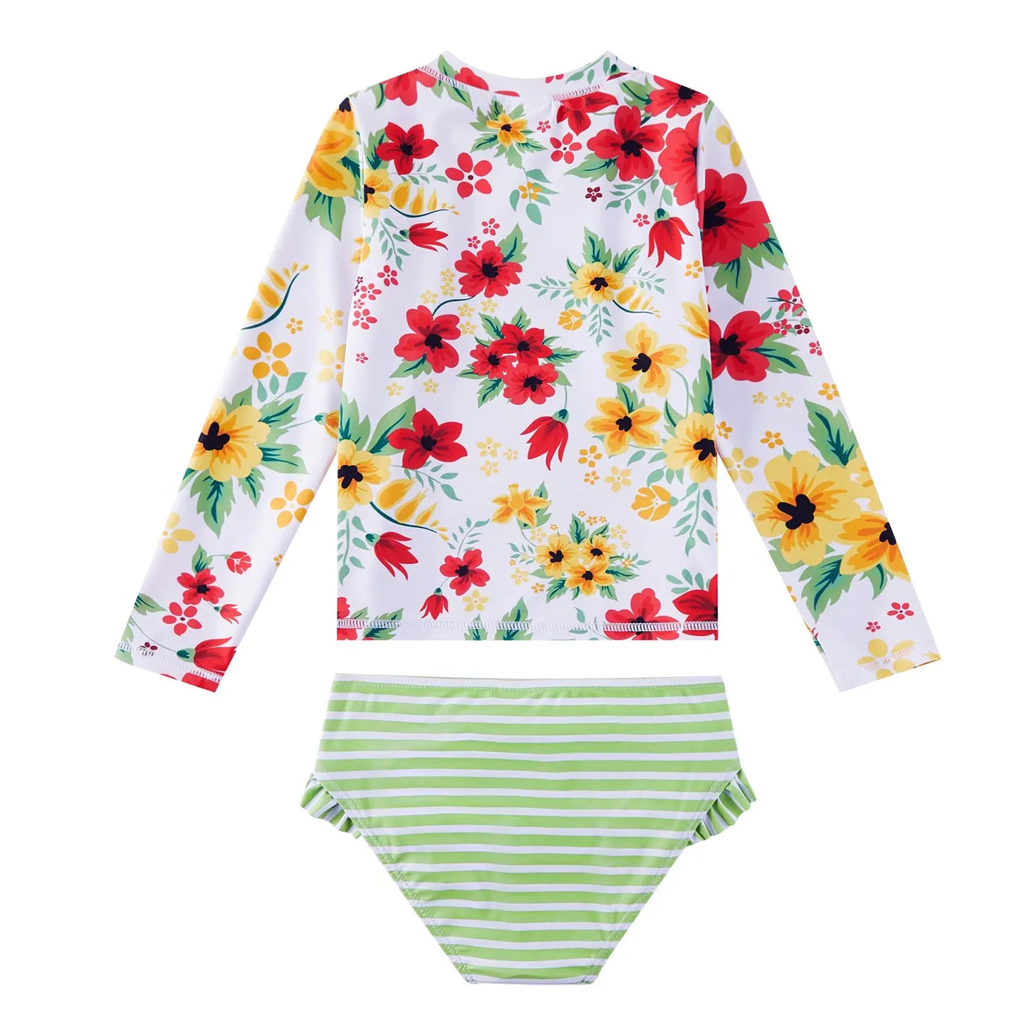 Kids Girl Swimsuit with Bikini Bottom UPF 50+ Rash Guard Set-Red Flower