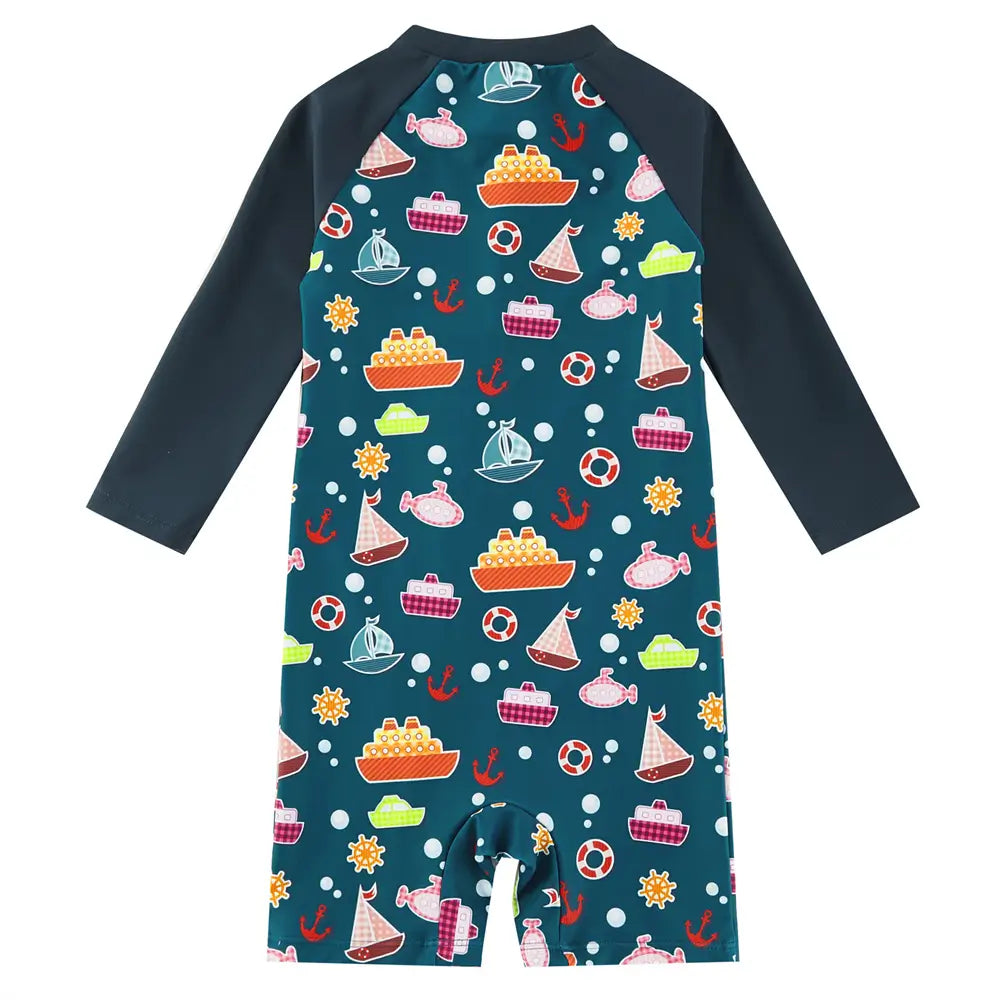 UPF 50+ Baby Boy Sunsuit Infant Full Zipper Swimsuit-Navy Boat