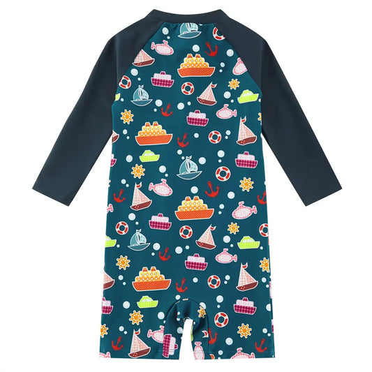 UPF 50+ Baby Boy Sunsuit Infant Full Zipper Swimsuit-Navy Boat