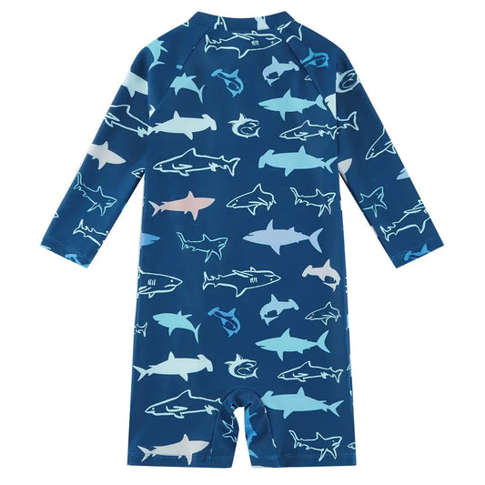 Toddler Boy Full Zipper Swimsuit UPF 50+ Sunsuit-Prussian Blue Shark