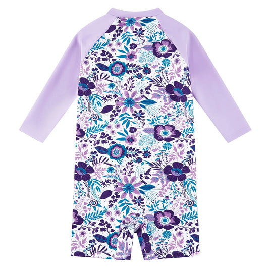 UPF 50+ Baby Girl Full Zip Sunsuit One Piece Swimsuit-Purple Flower
