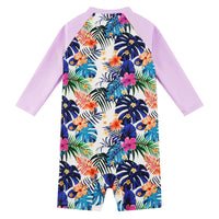 UPF 50+ Baby Girl Swimsuit Full Zipper Sunsuit-Purple Leaves