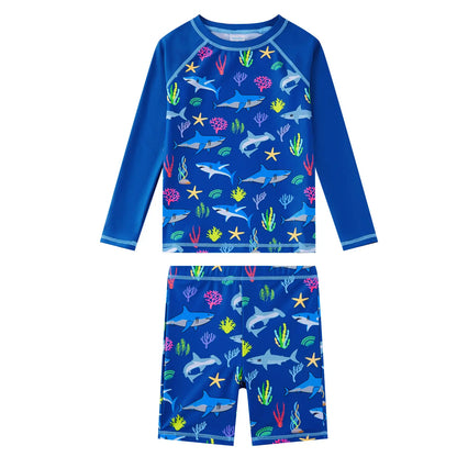2 Piece Boy Rash Guard Set UPF 50+ Toddler Swimsuit-Blue Shark