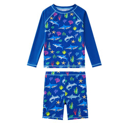 2 Piece Boy Rash Guard Set UPF 50+ Toddler Swimsuit-Blue Shark