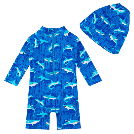 Baby Boy One Piece Swimwear UPF 50+ Sunsuit with Sun Hat-Seablue Shark