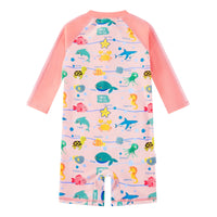 UPF 50+ Baby Girl Rash Guard Swimsuit with Full Zipper|Pink Marine Life