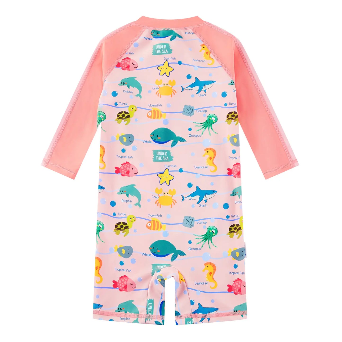 UPF 50+ Baby Girl Rash Guard Swimsuit with Full Zipper|Pink Marine Life