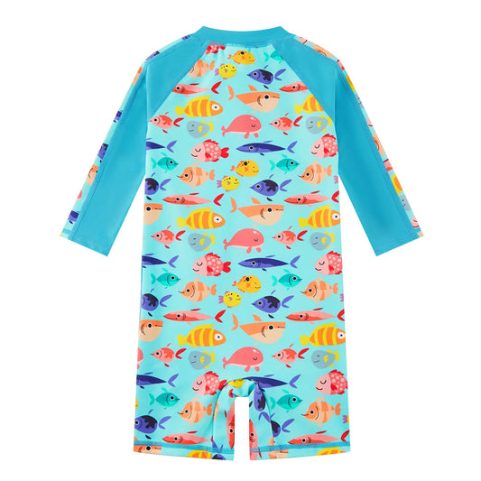 Baby Boy One Piece Swimwear with UPF 50+ Full Zipper-Green Many Fish
