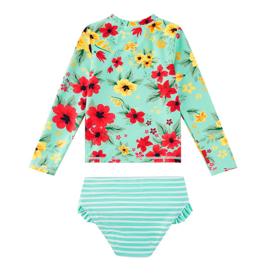 Girl Rash Guard Swimsuit 2 Pieces UPF 50+ Sunsuit-Green Flower