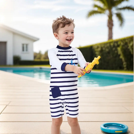 Baby Boys' UPF 50+ Swim Suit Set with Snap Button-Striped