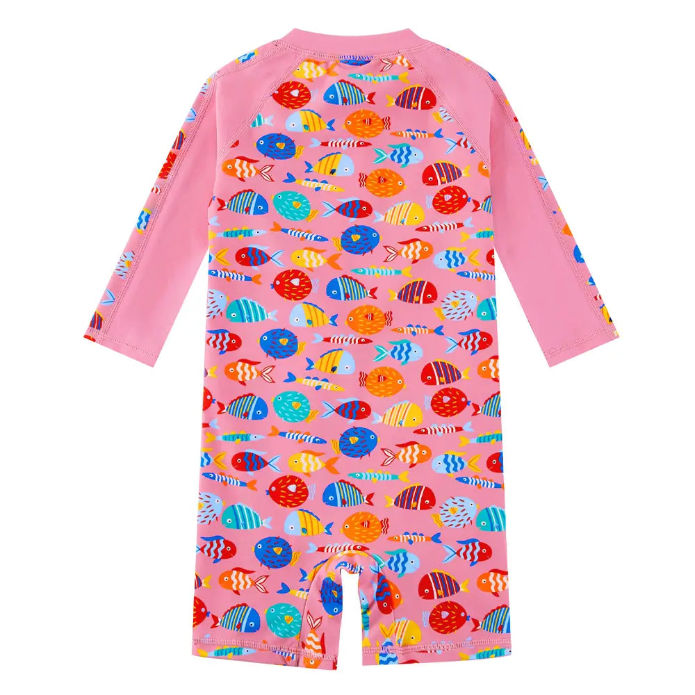 Upandfast Baby Girls One Piece Swimsuit with Full Zipper UPF 50+ | Pink Tropical Fish