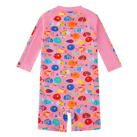 Upandfast Baby Girls One Piece Swimsuit with Full Zipper UPF 50+ | Pink Tropical Fish