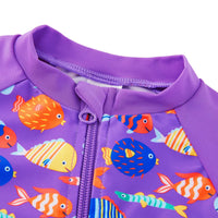 Baby Girls One Piece Swimsuit with upf 50+ & Full Zipper|Purple Colorful Fish