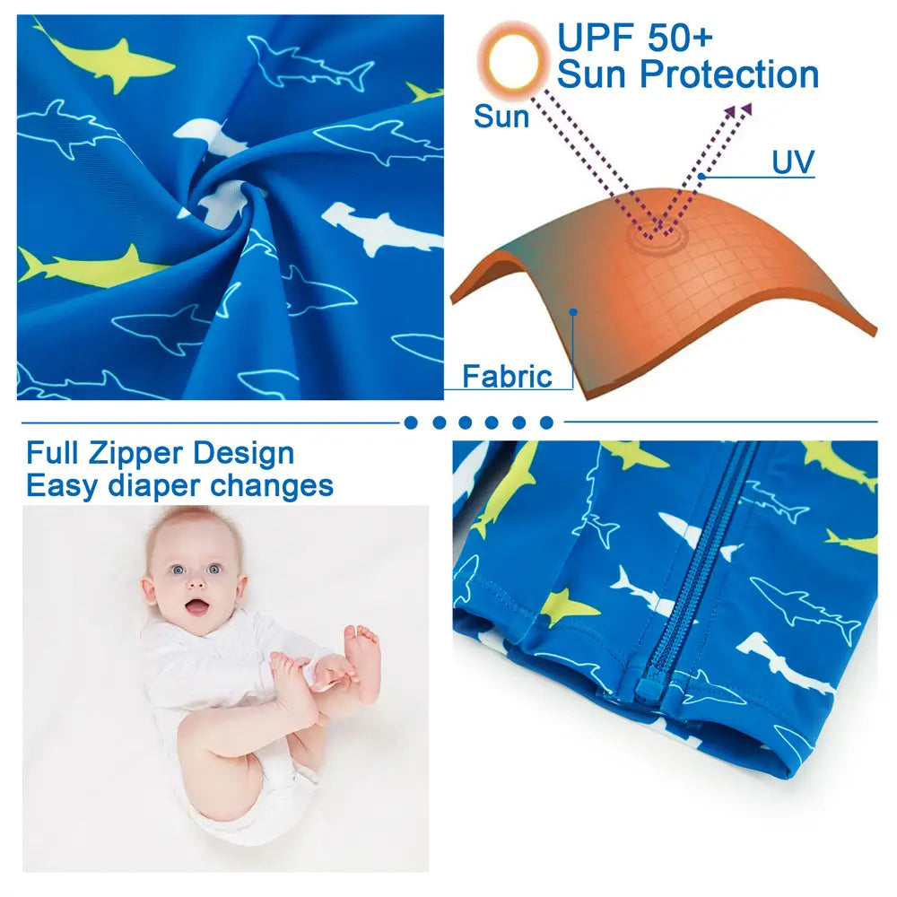 Baby Boy Swimwear UPF 50+ Full-zip Sunsuit -Sapphire Blue Shark
