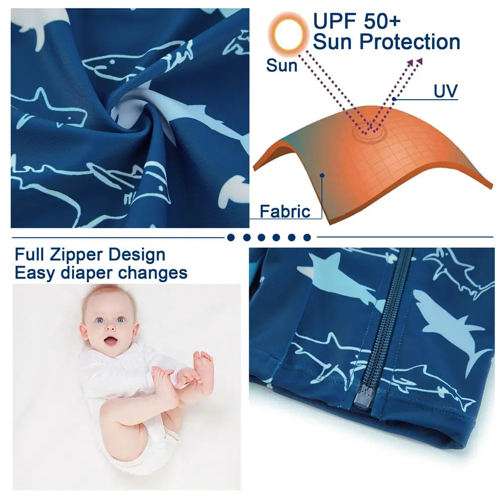 Toddler Boy Full Zipper Swimsuit UPF 50+ Sunsuit-Prussian Blue Shark