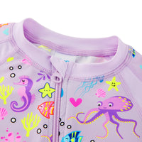 Baby Girls One Piece Swimsuit with UPF 50+ Full Zipper | Purple Octopus