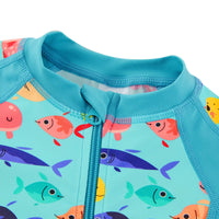 Baby Boy One Piece Swimwear with UPF 50+ Full Zipper-Green Many Fish