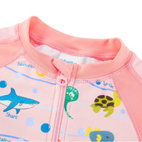 UPF 50+ Baby Girl Rash Guard Swimsuit with Full Zipper|Pink Marine Life