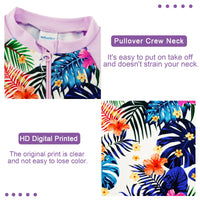 UPF 50+ Baby Girl Swimsuit Full Zipper Sunsuit-Purple Leaves