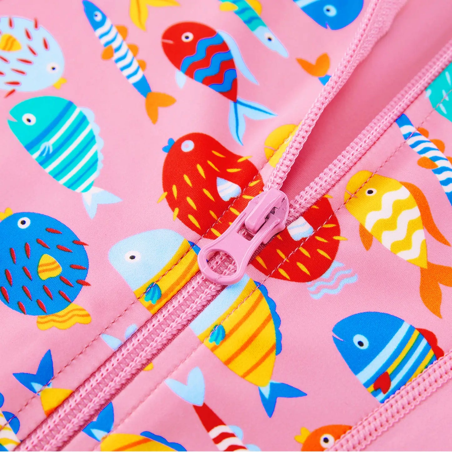 Baby Girls One Piece Swimsuit with Full Zipper UPF 50+ | Pink Tropical Fish