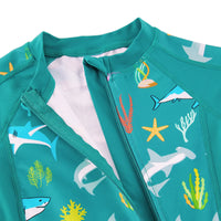 UPF 50+ Baby Boys One Piece Swimsuit with Full-zip | Green Shark