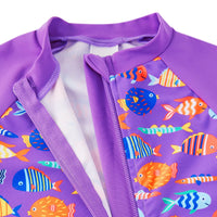 Baby Girls One Piece Swimsuit with upf 50+ & Full Zipper|Purple Colorful Fish