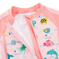 UPF 50+ Baby Girl Rash Guard Swimsuit with Full Zipper|Pink Marine Life