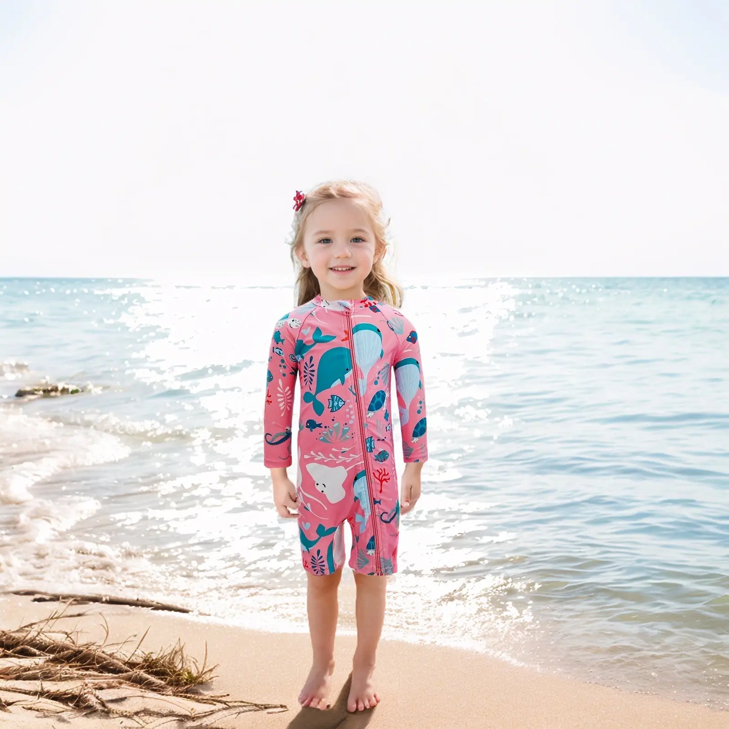 Toddler Girl Swimsuit with Full Zipper UPF 50+ Sunsuit-Pink Whale