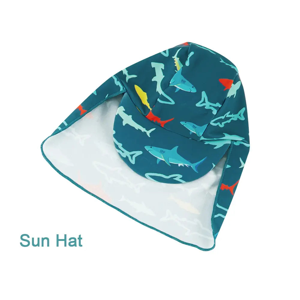 UPF 50+Baby Boy One-piece Swimwear with Hat -Peacock Blue Shark